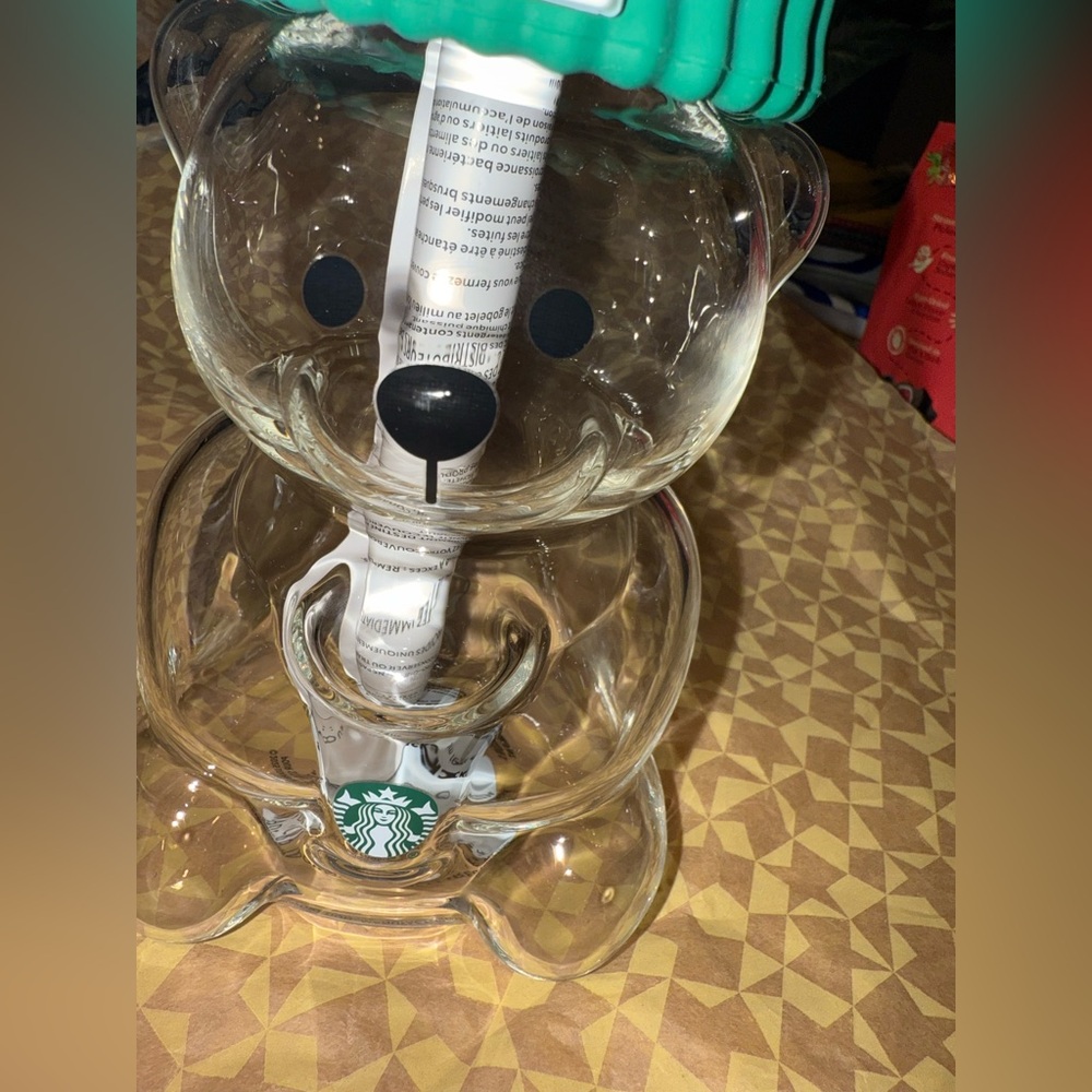 Starbucks Glass Bear Cup with Green Lid and Striped Straw, Bearista - Picture 2 of 5